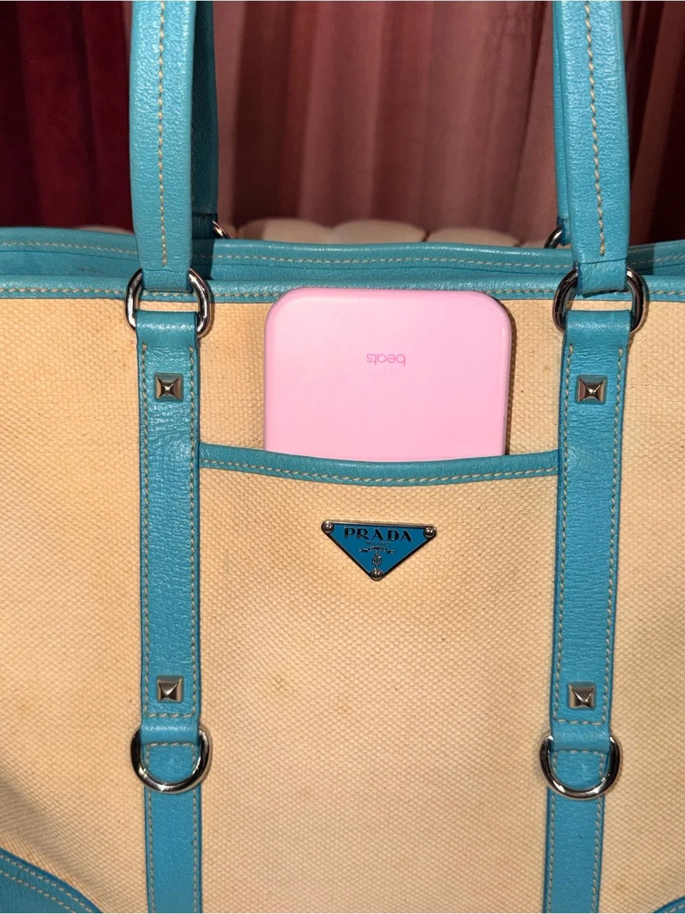 Rare Authentic Prada Canvas Tote Bag in Cream and Turquoise